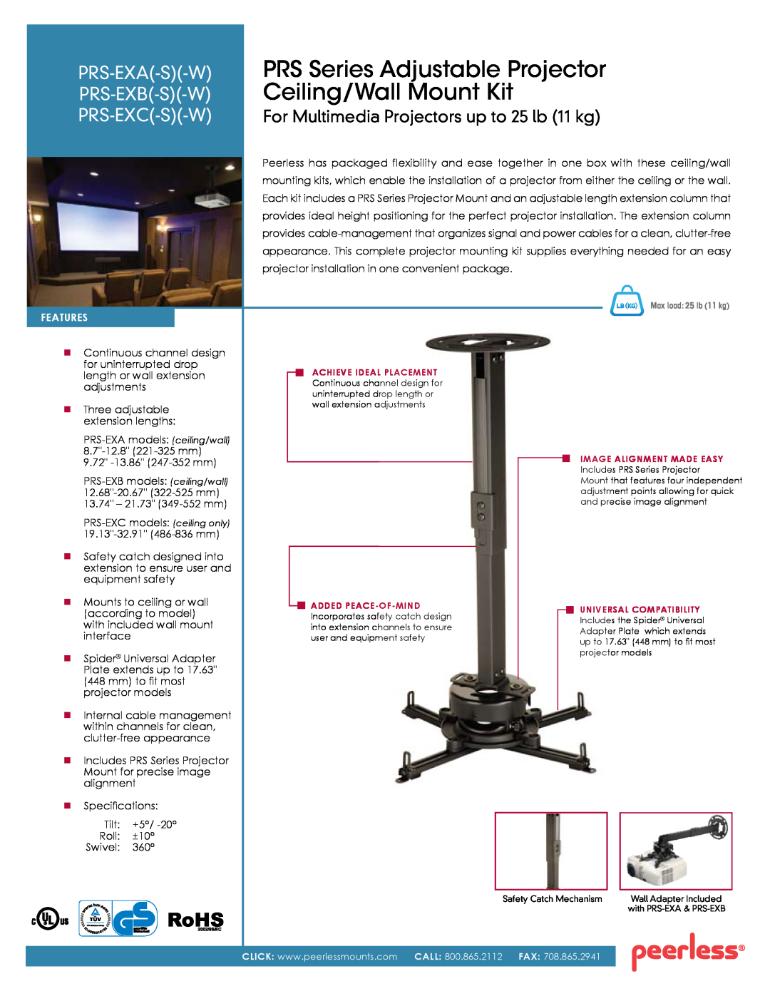 Peerless Industries PRS-EXB(-S)(-W) manual PRS Series Adjustable Projector, Ceiling/Wall Mount Kit, Prs-Exa-S-W, FeatureS 