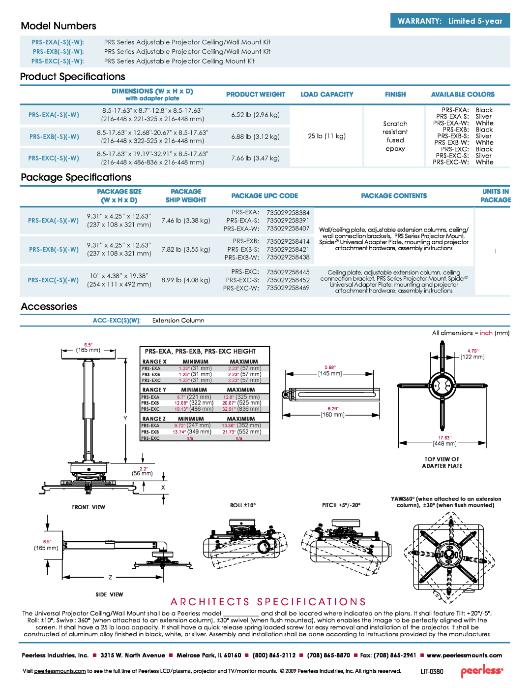 Peerless Industries PRS-EXC(-S)(-W) manual Model Numbers, Product Specifications, Package Specifications, Accessories 
