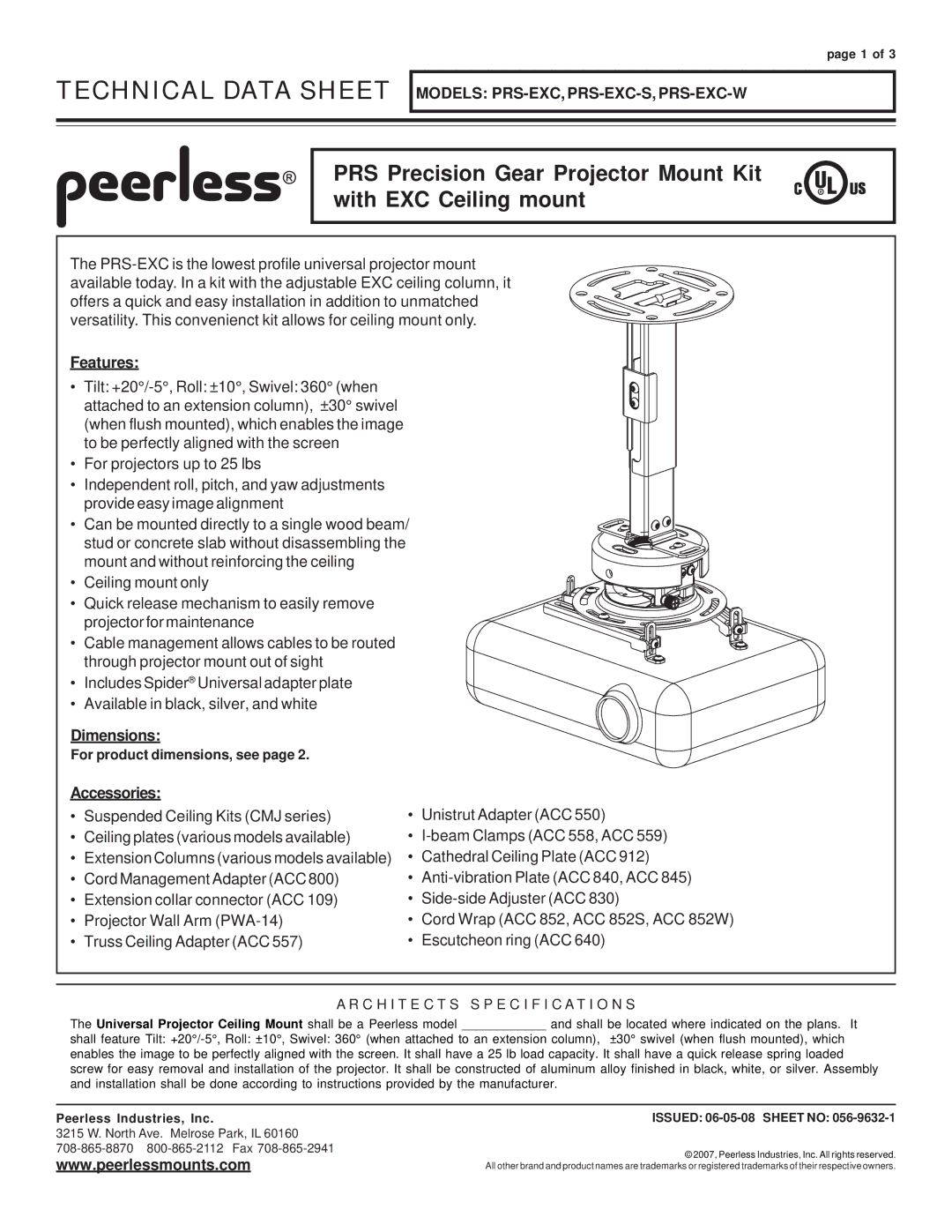 Peerless Industries PRS-EXC-S, PRS-EXC-W specifications Technical Data Sheet, Features, Dimensions, Accessories 