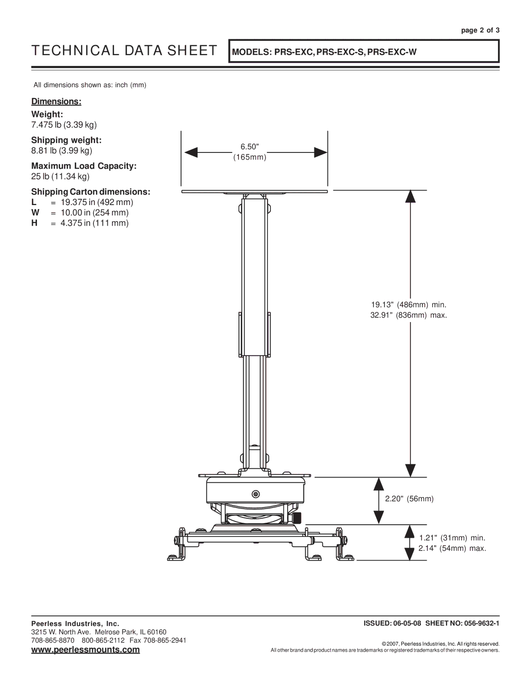 Peerless Industries PRS-EXC-W Dimensions Weight, Shipping weight, Maximum Load Capacity, Shipping Carton dimensions 