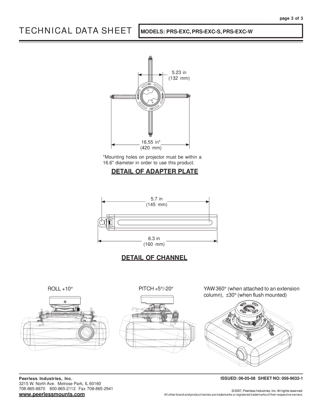 Peerless Industries PRS-EXC-S, PRS-EXC-W specifications Detail of Adapter Plate, Detail of Channel 