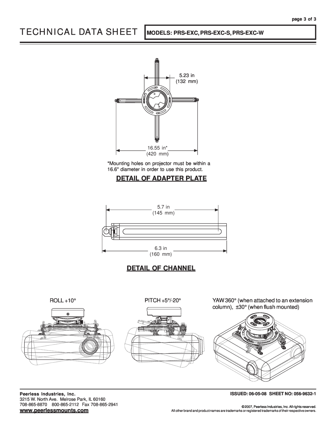Peerless Industries PRS-EXC Technical Data Sheet, Detail Of Adapter Plate, Detail Of Channel, 5.7 in, 145 mm, page 3 of 