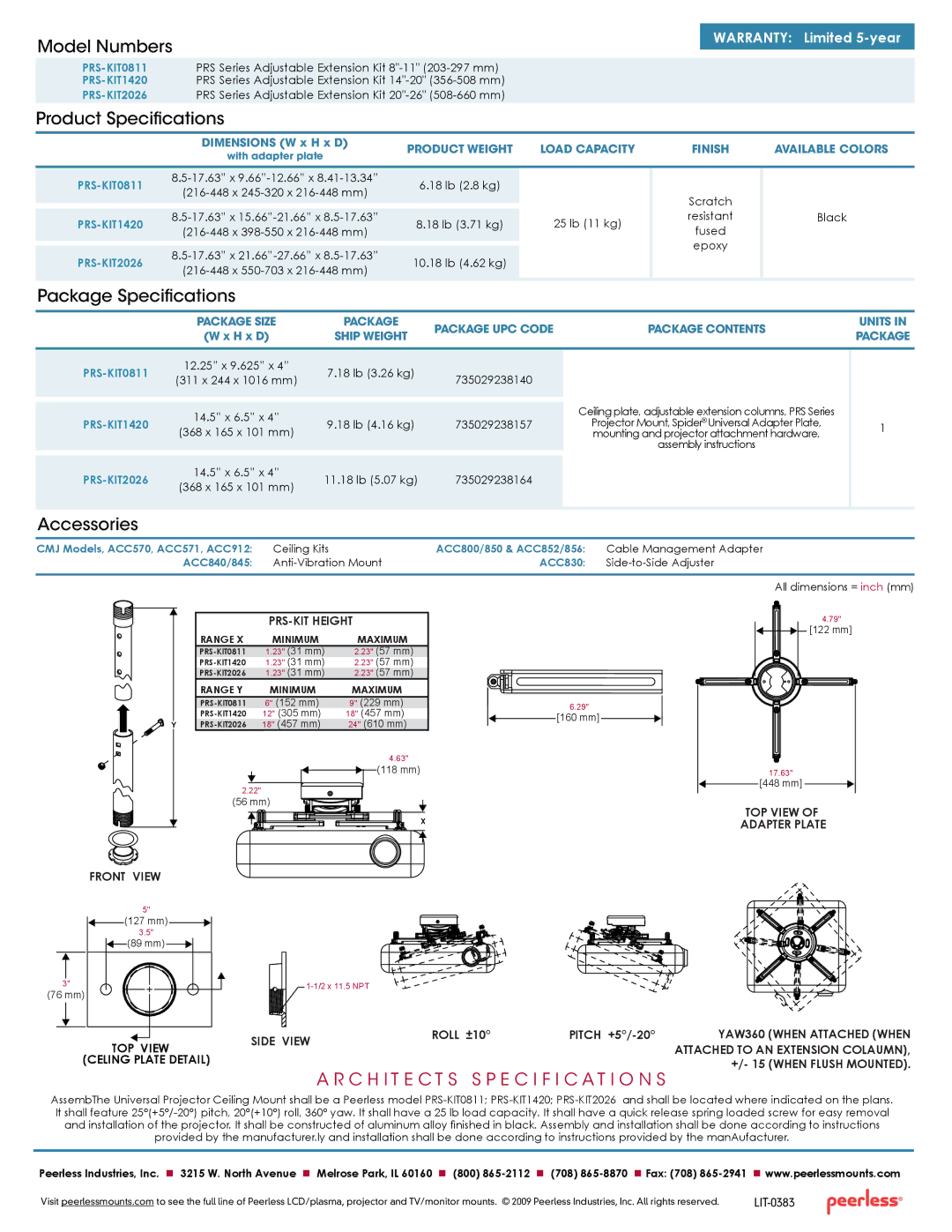 Peerless Industries PRS-KIT2026, PRS-KIT1420 Model Numbers, Product Specifications, Package Specifications, Accessories 