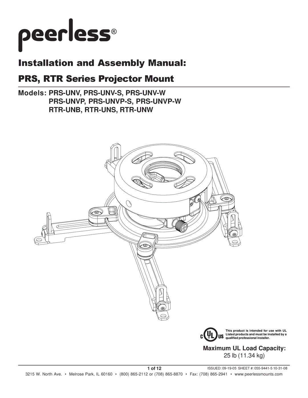 Peerless Industries PRS-UNV-W, PRS-UNV-S, RTR-UNS, PRS-UNVP-W, PRS-UNVP-S, RTR-UNW, RTR-UNB manual Maximum UL Load Capacity 