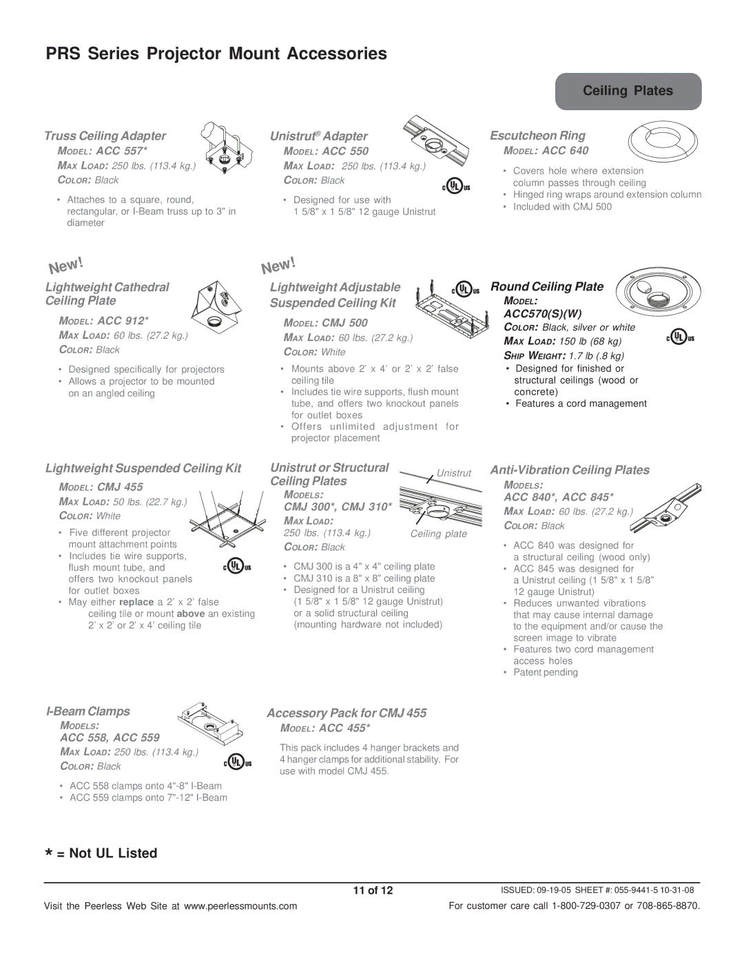 Peerless Industries PRS-UNV-S, PRS-UNV-W, RTR-UNS, PRS-UNVP-W, PRS-UNVP-S, RTR-UNW PRS Series Projector Mount Accessories 