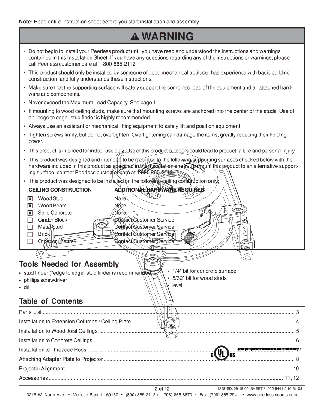 Peerless Industries PRS-UNV-S, PRS-UNV-W, RTR-UNS, PRS-UNVP-W, PRS-UNVP-S Tools Needed for Assembly, Table of Contents 