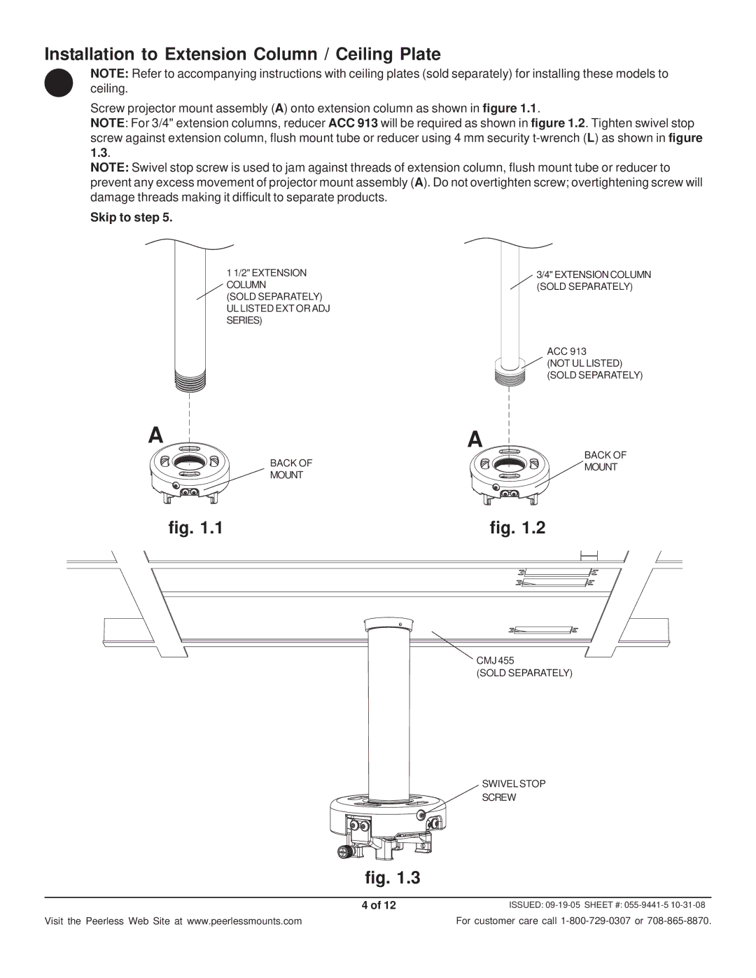 Peerless Industries PRS-UNVP-W, PRS-UNV-S, PRS-UNV-W, RTR-UNS Installation to Extension Column / Ceiling Plate, Skip to step 