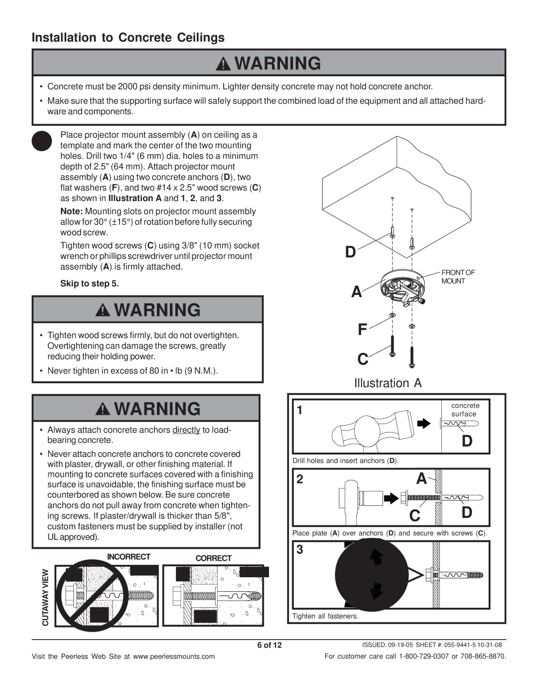 Peerless Industries RTR-UNW, PRS-UNV-S, PRS-UNV-W, RTR-UNS, PRS-UNVP-W manual Installation to Concrete Ceilings, Illustration a 