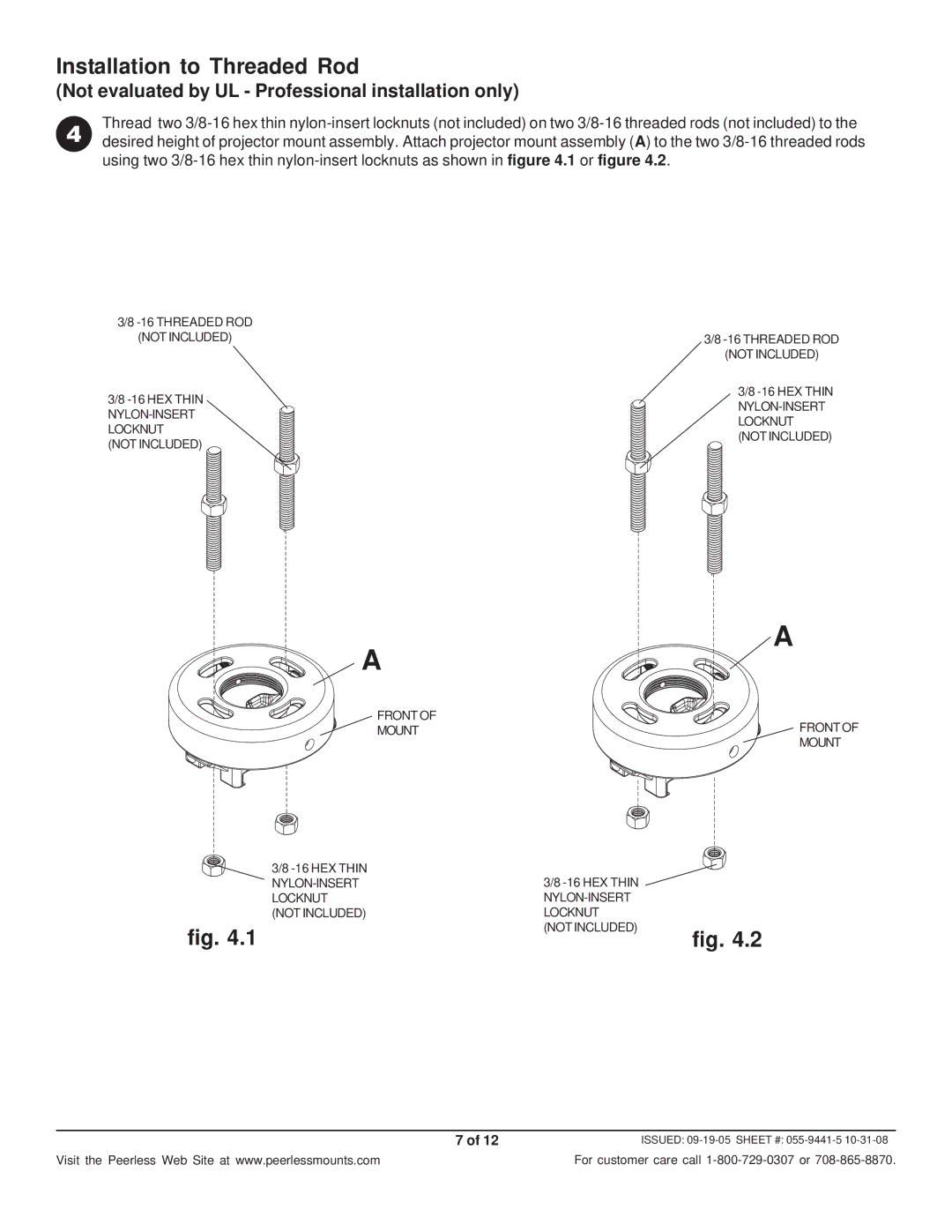 Peerless Industries PRS-UNVP, PRS-UNV-S Installation to Threaded Rod, Not evaluated by UL Professional installation only 