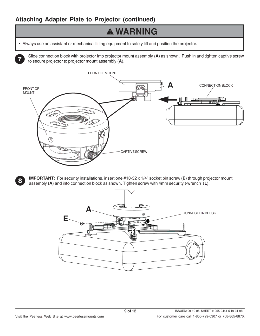 Peerless Industries PRS-UNV-S, PRS-UNV-W, RTR-UNS, PRS-UNVP-W, PRS-UNVP-S, RTR-UNW manual Attaching Adapter Plate to Projector 