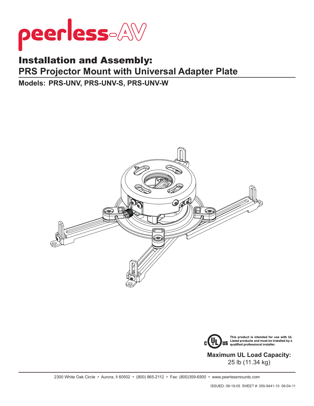 Peerless Industries manual Models PRS-UNV, PRS-UNV-S, PRS-UNV-W, Maximum UL Load Capacity 