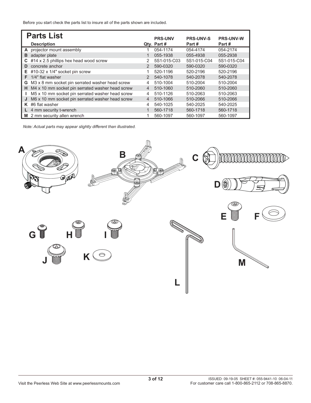 Peerless Industries PRS-UNV-S, PRS-UNV-W manual Parts List 