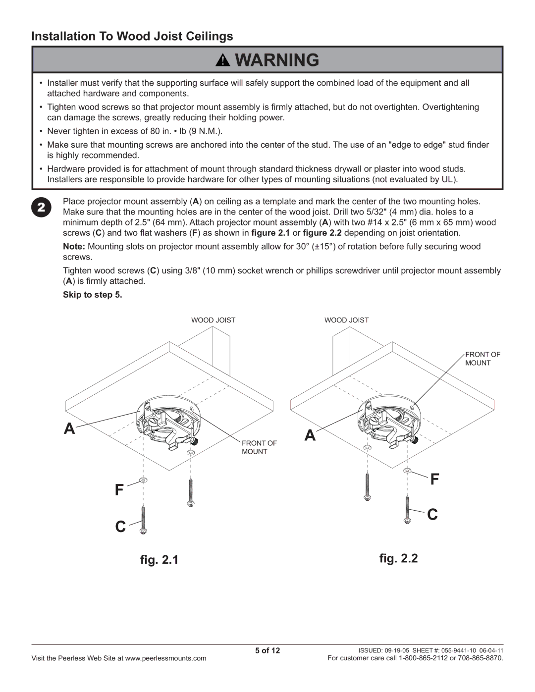 Peerless Industries PRS-UNV-S, PRS-UNV-W manual Installation To Wood Joist Ceilings 