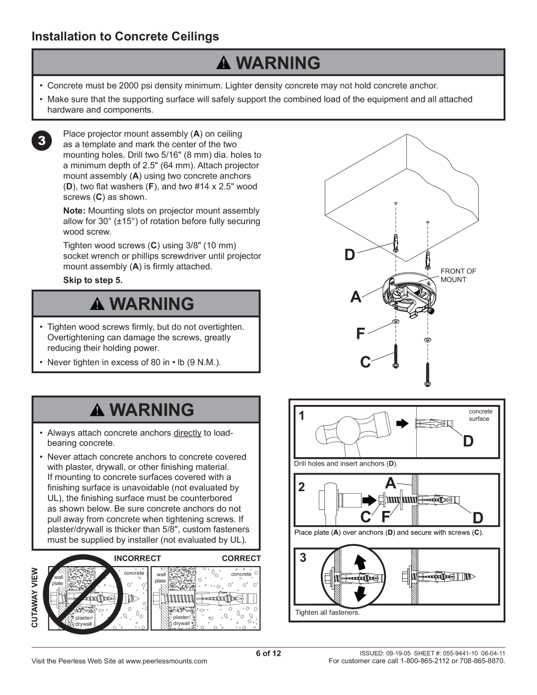 Peerless Industries PRS-UNV-S, PRS-UNV-W manual Installation to Concrete Ceilings, View Incorrect Correct 