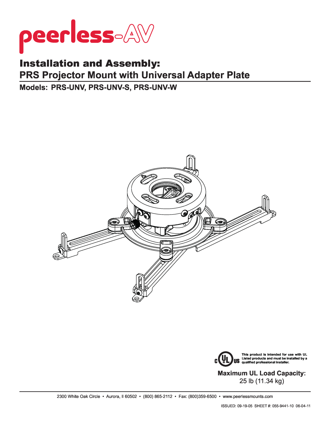Peerless Industries PRS-UNV-W manual Installation and Assembly, PRS Projector Mount with Universal Adapter Plate 