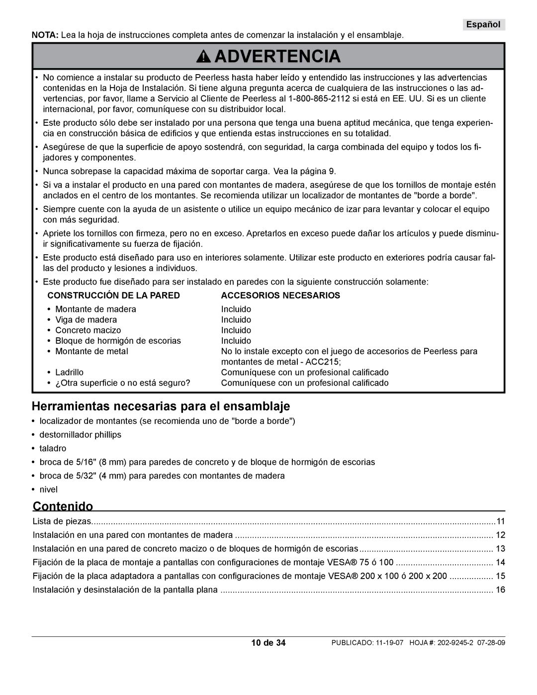 Peerless Industries PT630, PT632 manual Advertencia, Herramientas necesarias para el ensamblaje, Contenido 