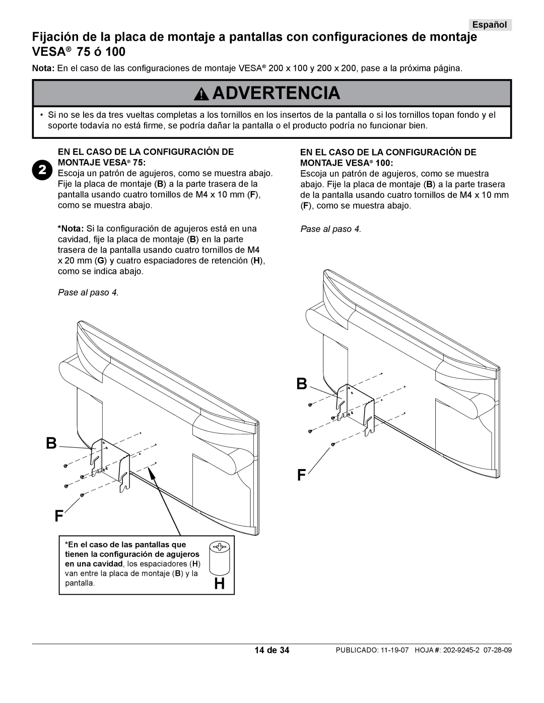 Peerless Industries PT630, PT632 manual EN EL Caso DE LA Configuración DE Montaje Vesa, 14 de 