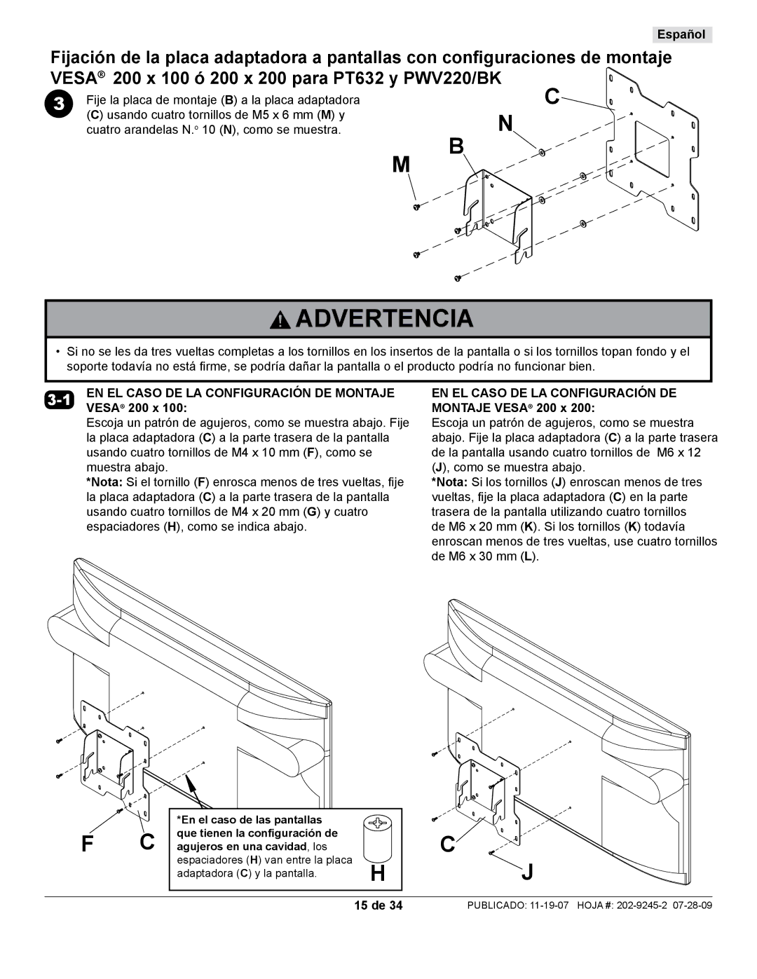 Peerless Industries PT632, PT630 manual EN EL Caso DE LA Configuración DE Montaje, Vesa 200 x, 15 de 