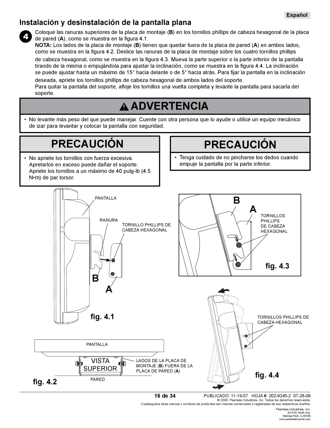 Peerless Industries PT630, PT632 manual Precaución, Instalación y desinstalación de la pantalla plana, 16 de 