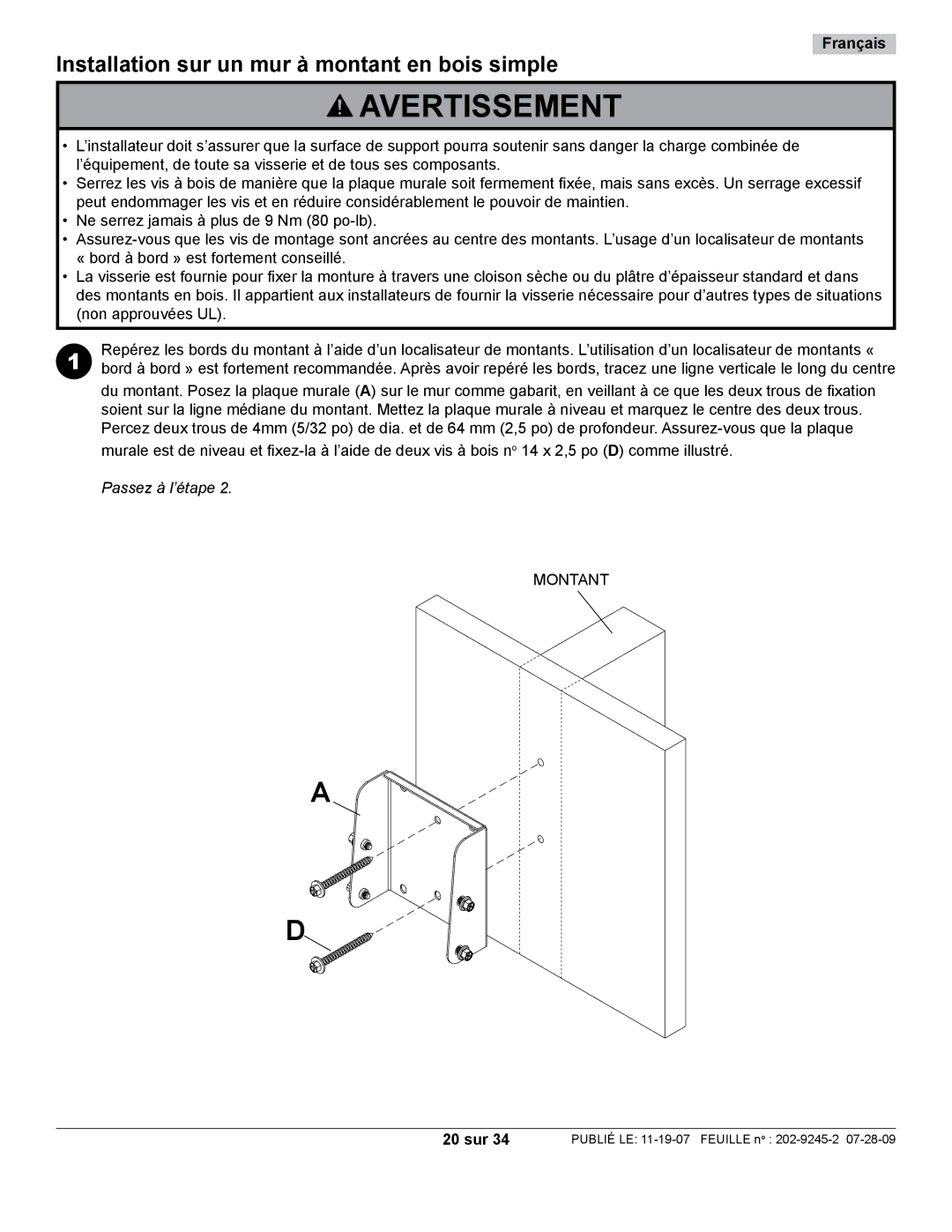 Peerless Industries PT630, PT632 manual Installation sur un mur à montant en bois simple, 20 sur 