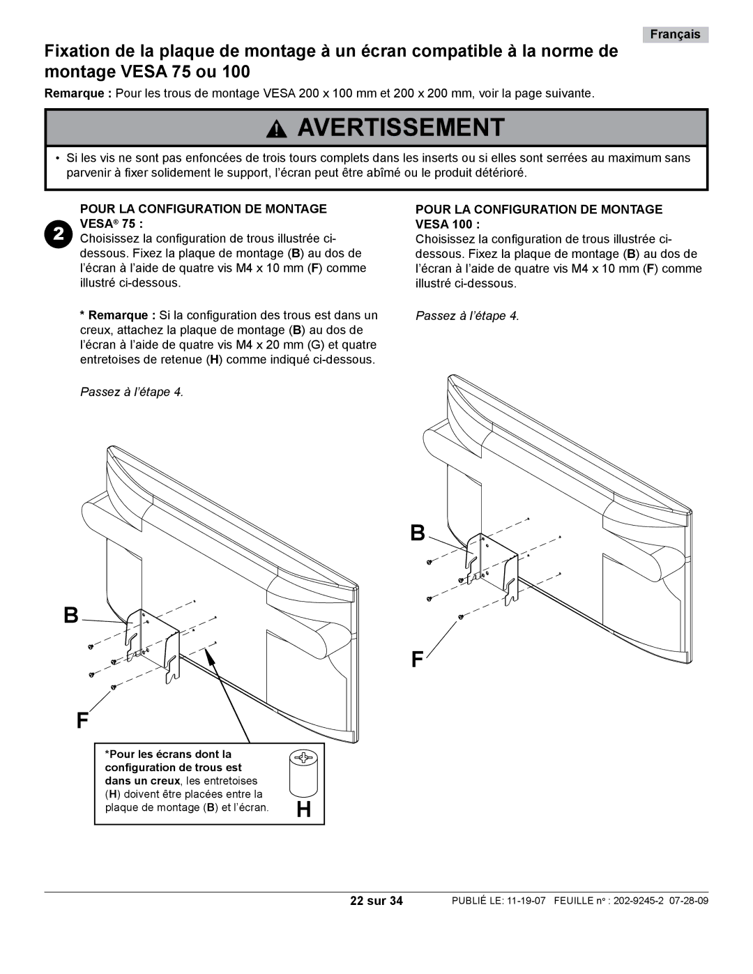 Peerless Industries PT630, PT632 Pour LA Configuration DE Montage, Vesa, Choisissez la configuration de trous illustrée ci 