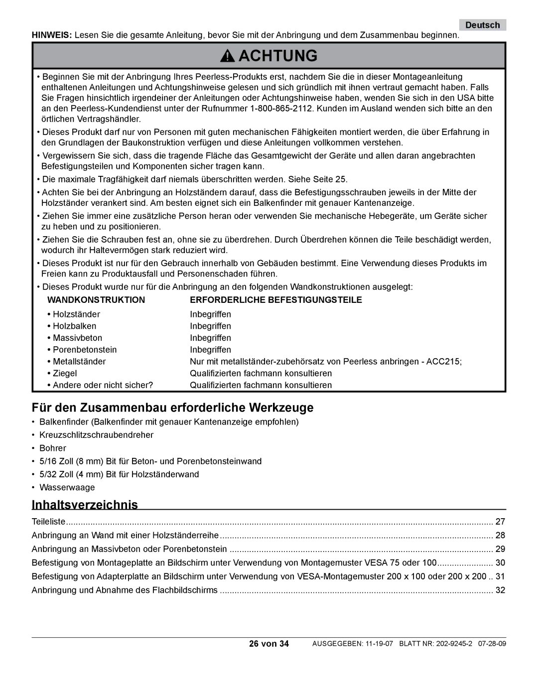 Peerless Industries PT630, PT632 manual Für den Zusammenbau erforderliche Werkzeuge, Inhaltsverzeichnis, Deutsch 