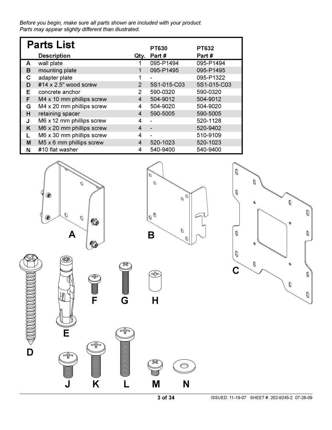 Peerless Industries PT632, PT630 manual Parts List 