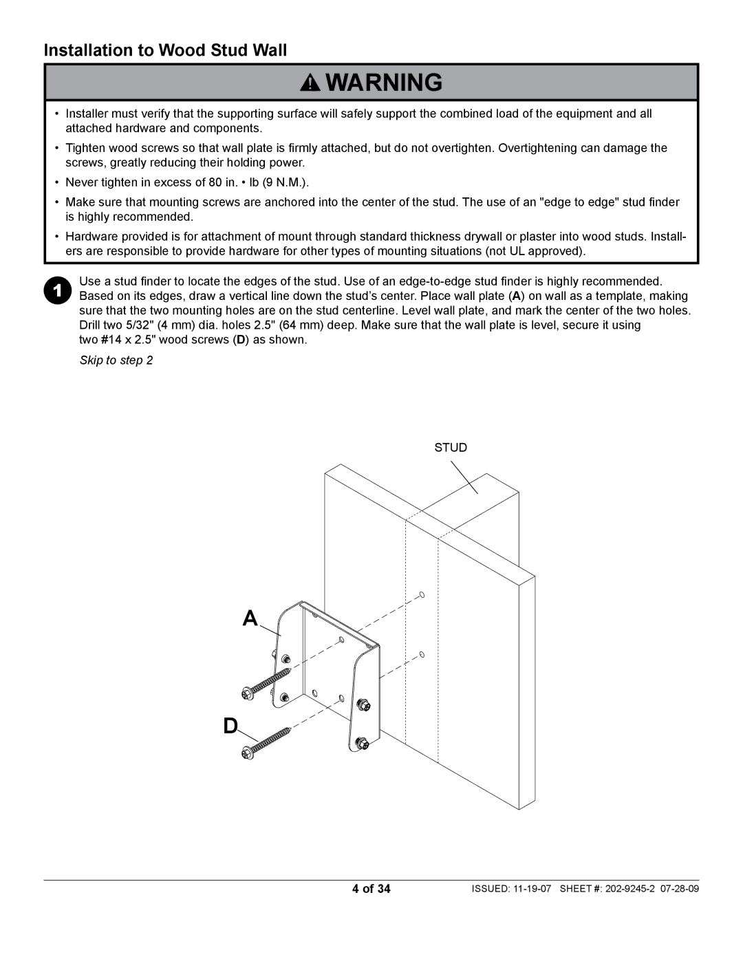 Peerless Industries PT630, PT632 manual Installation to Wood Stud Wall 