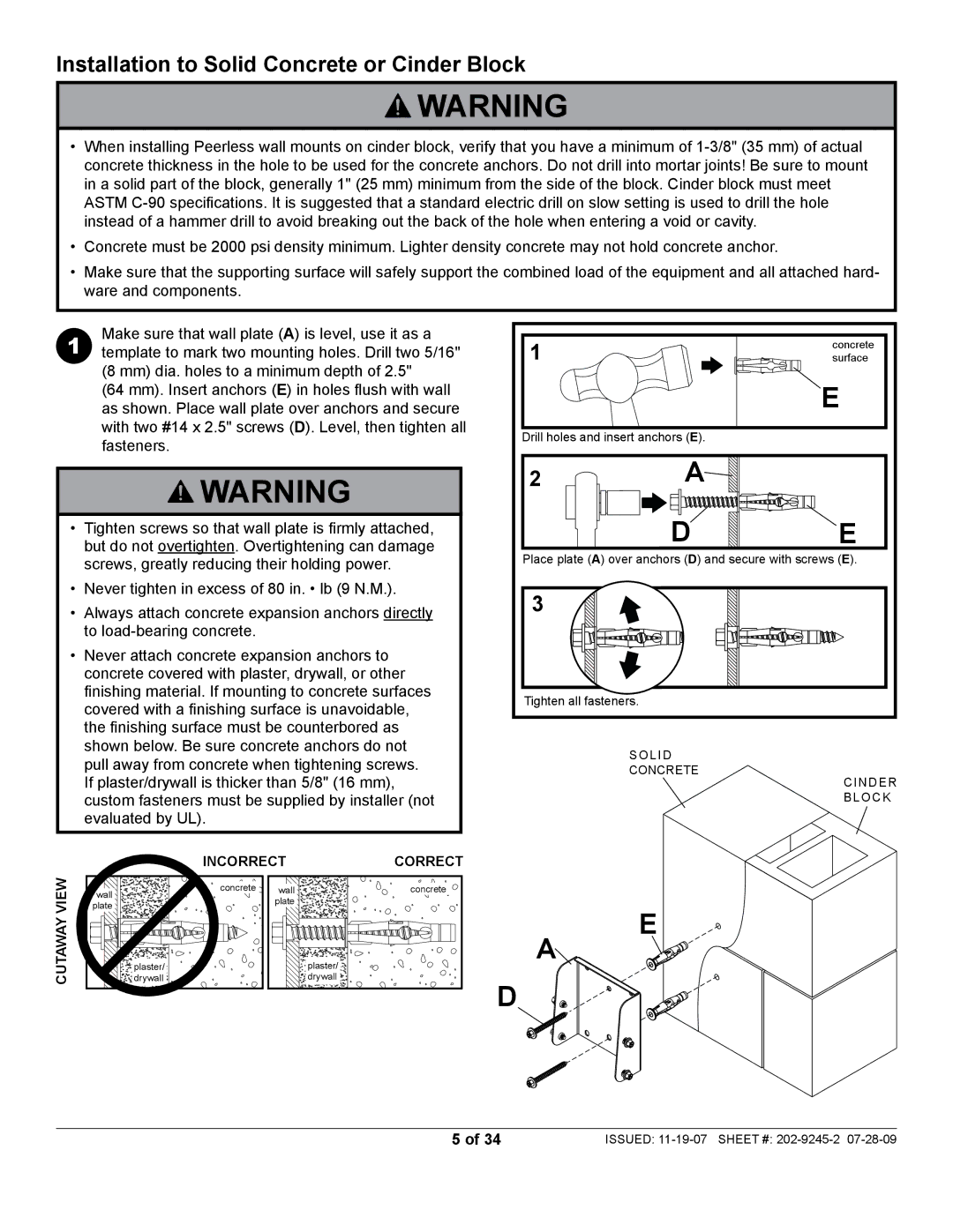 Peerless Industries PT632, PT630 manual Installation to Solid Concrete or Cinder Block 