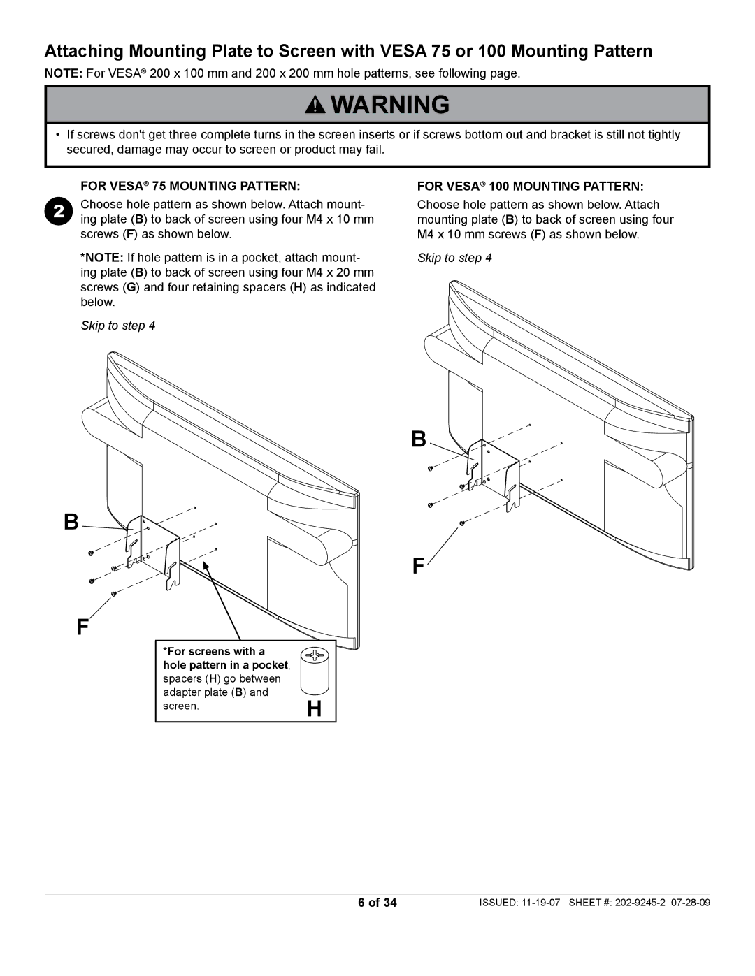 Peerless Industries PT630, PT632 manual For Vesa 75 Mounting Pattern, Choose hole pattern as shown below. Attach mount 