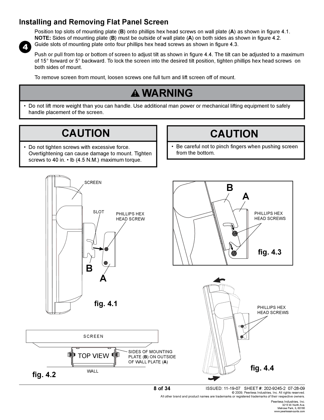 Peerless Industries PT630, PT632 manual Installing and Removing Flat Panel Screen, TOP View 