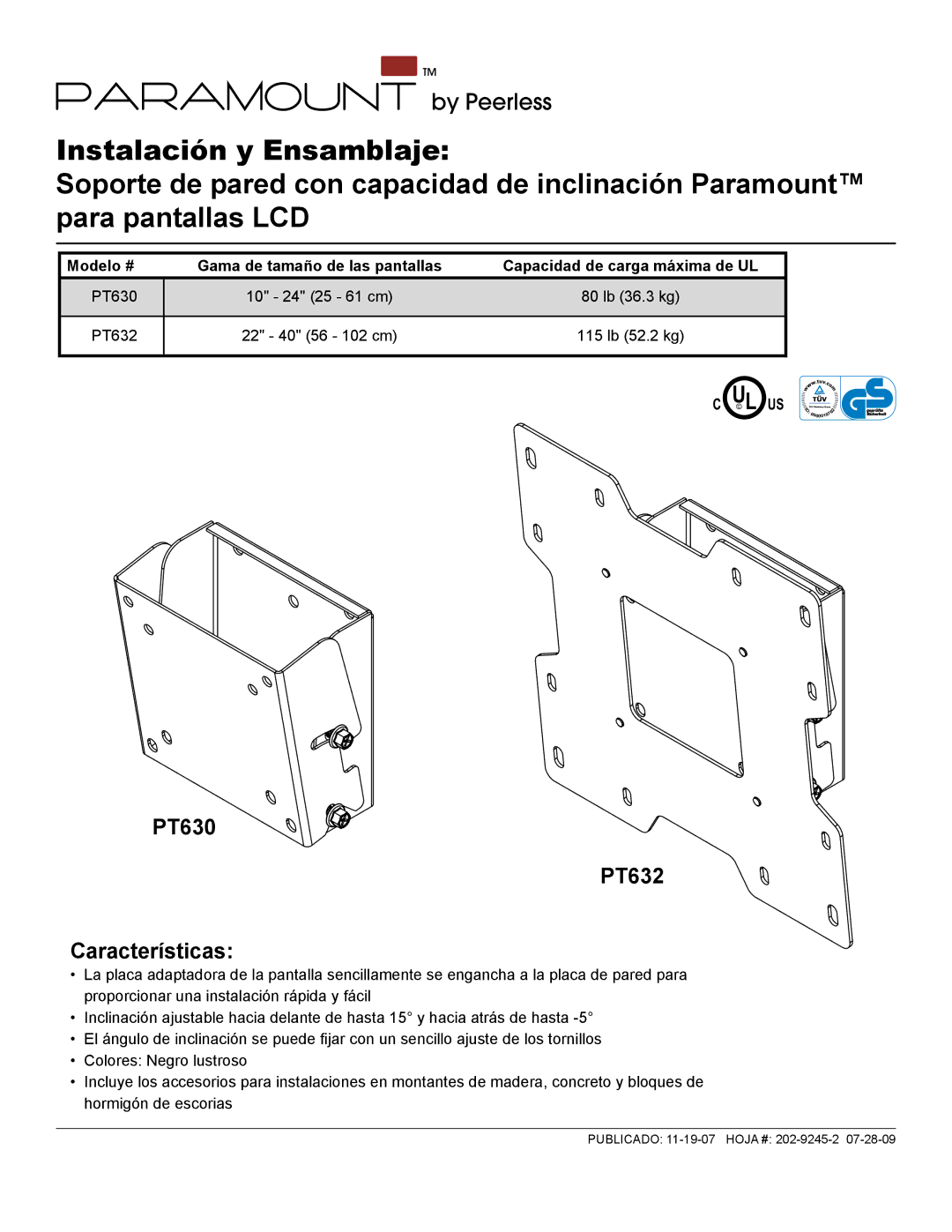 Peerless Industries manual PT630 PT632 Características, L Us 