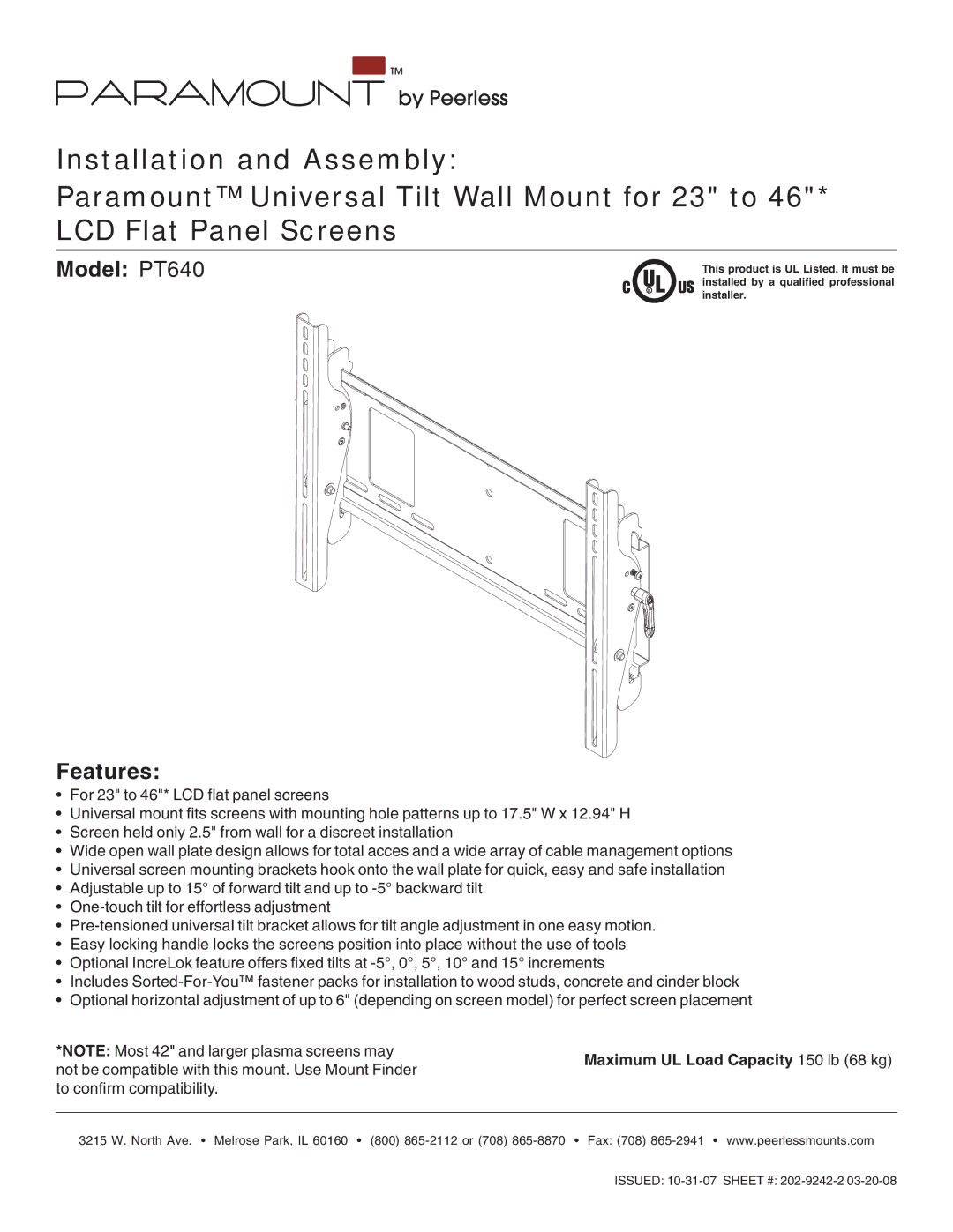 Peerless Industries manual Model PT640 Features, Maximum UL Load Capacity 150 lb 68 kg 