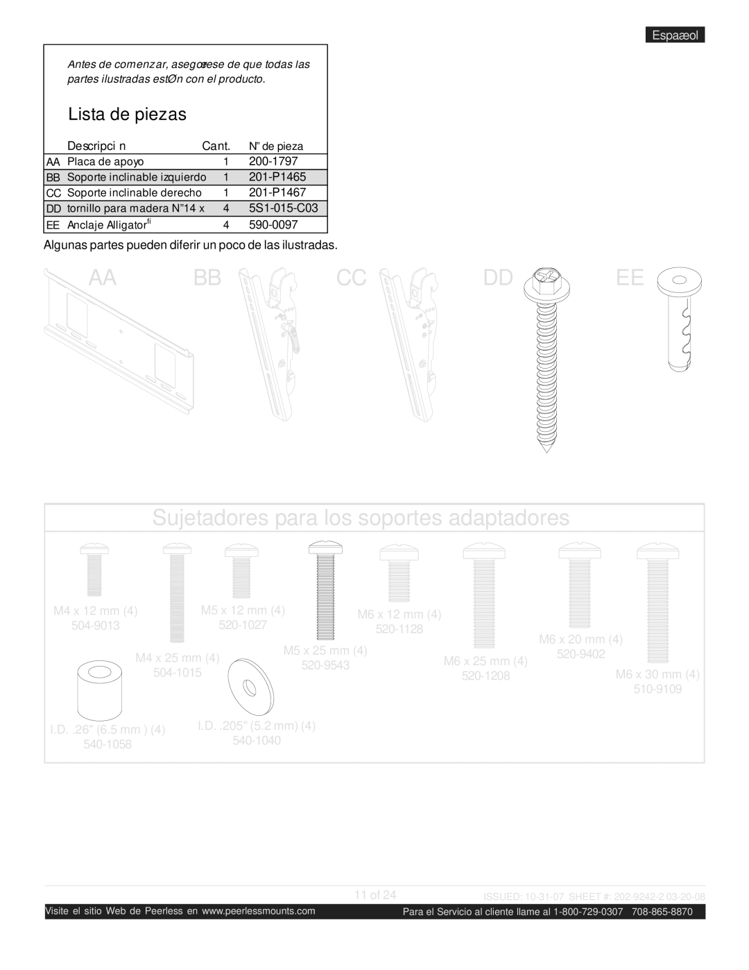 Peerless Industries PT640 manual Sujetadores para los soportes adaptadores 