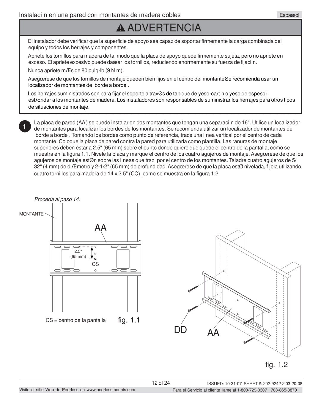 Peerless Industries PT640 manual Instalación en una pared con montantes de madera dobles 