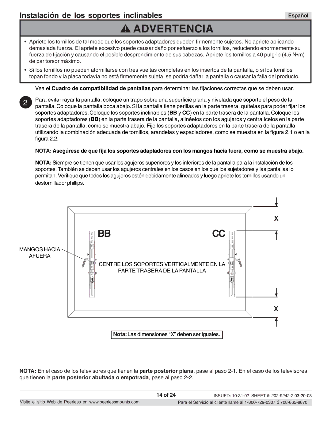 Peerless Industries PT640 manual Bbcc, Instalación de los soportes inclinables 