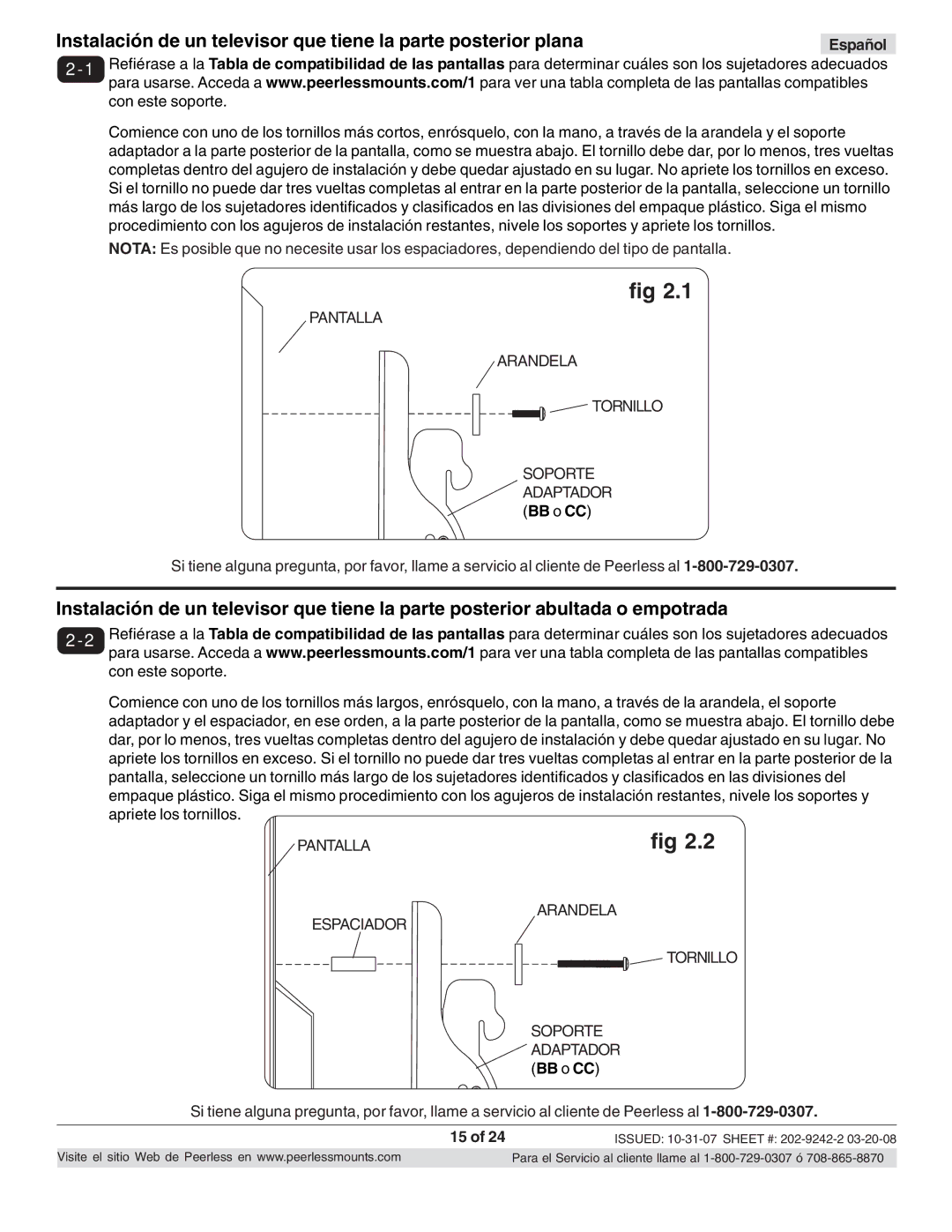 Peerless Industries PT640 manual Pantalla Arandela Tornillo 