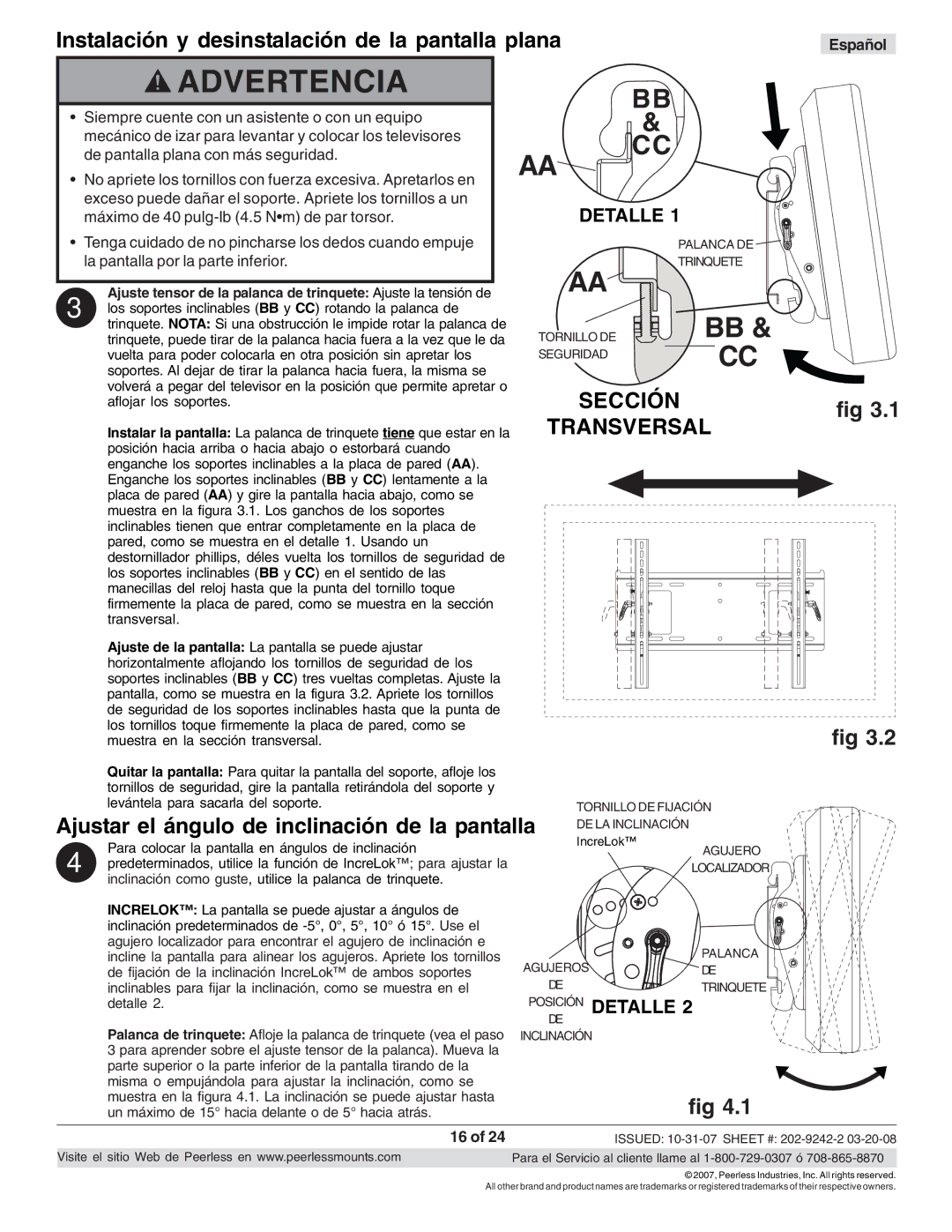 Peerless Industries PT640 manual Sección 