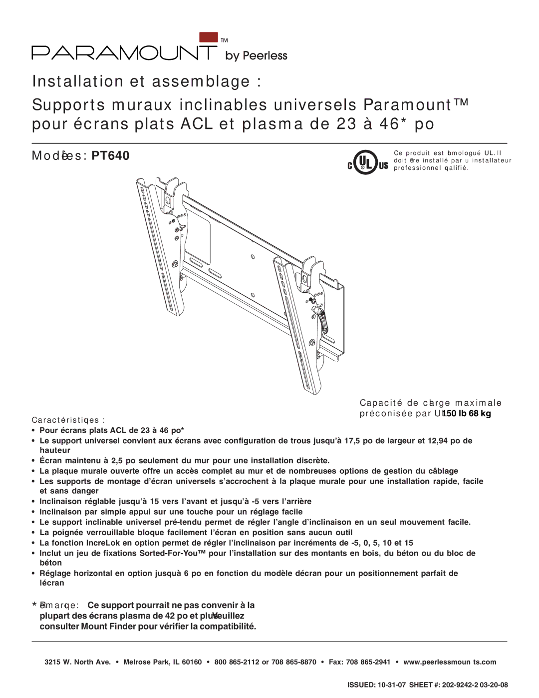 Peerless Industries manual Installation et assemblage, Modèles PT640 