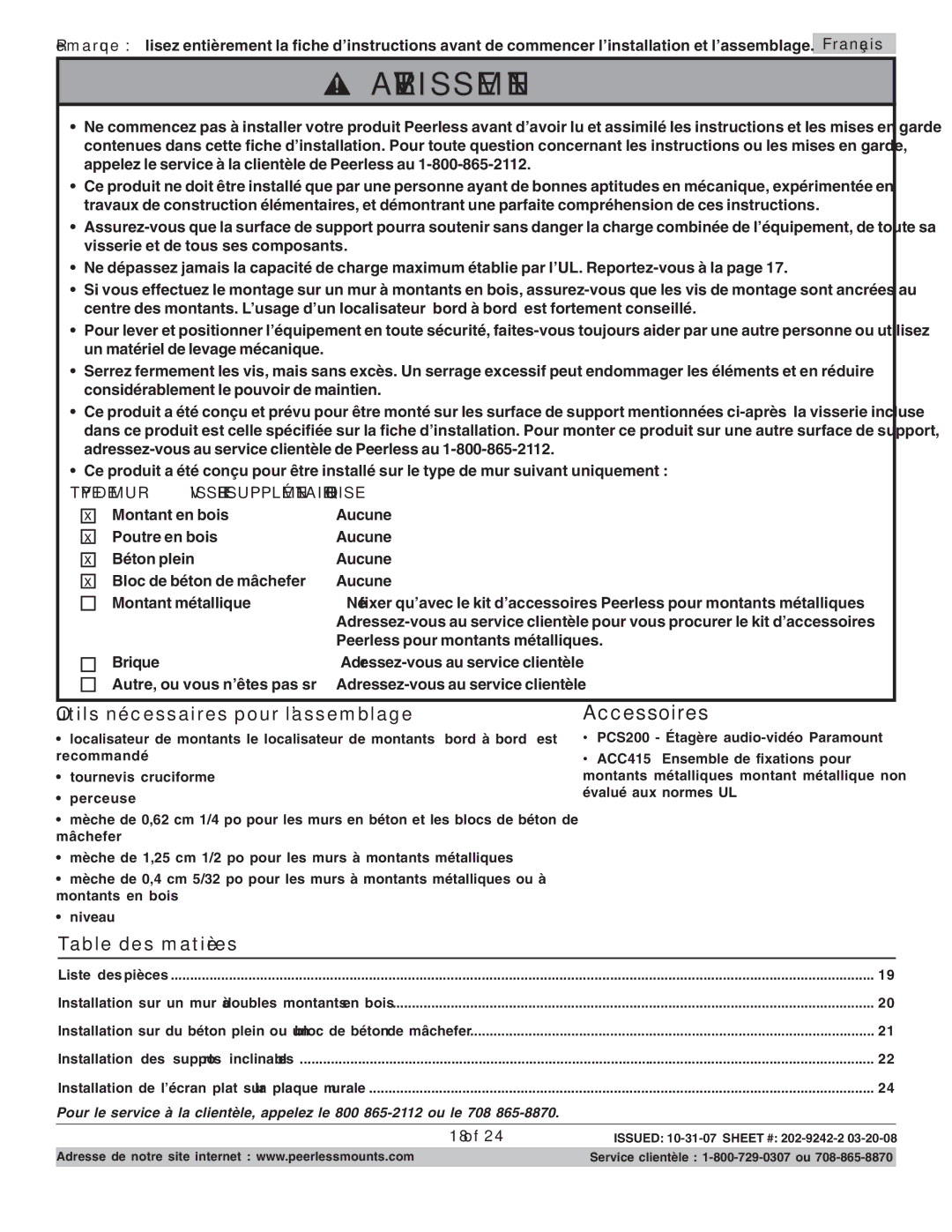 Peerless Industries PT640 manual Avertissement 