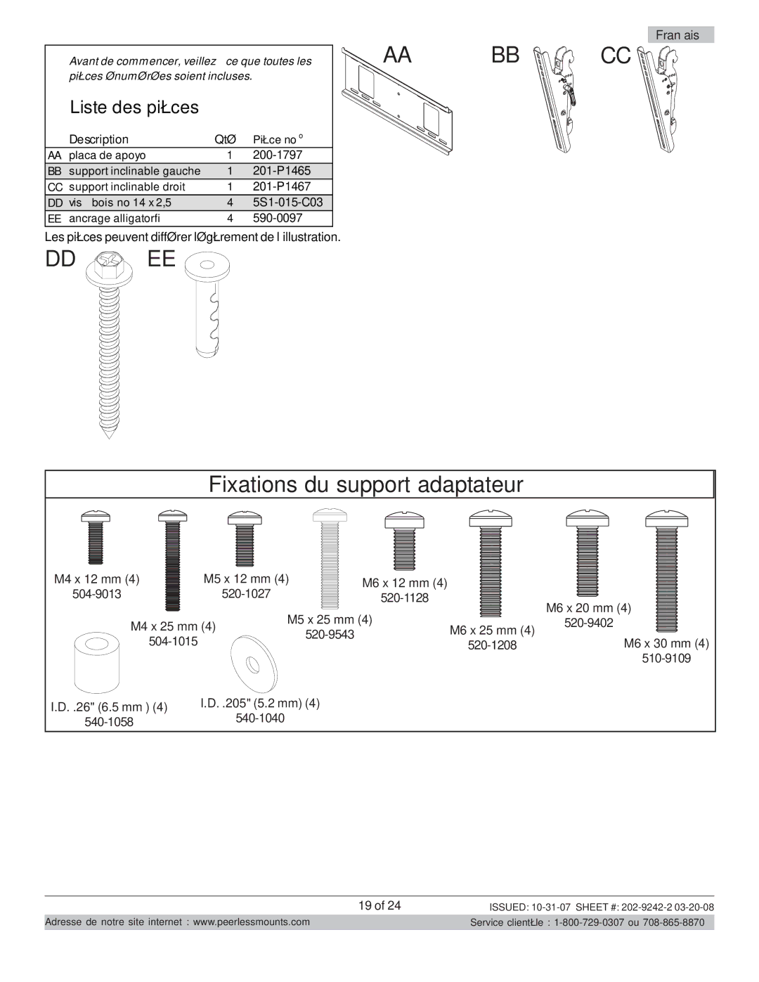 Peerless Industries PT640 manual AA BB CC Fixations du support adaptateur 