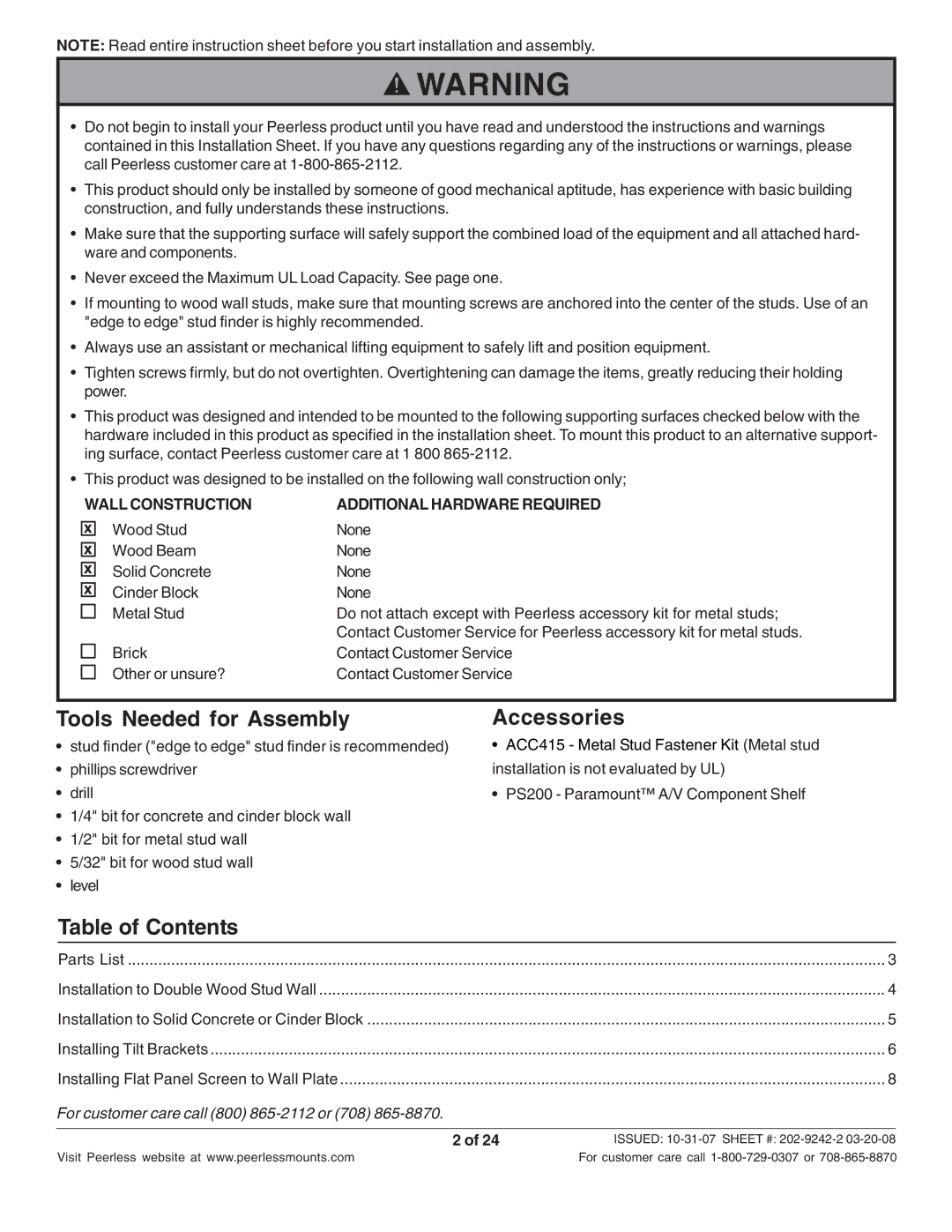 Peerless Industries PT640 manual Tools Needed for Assembly, Accessories, Table of Contents 