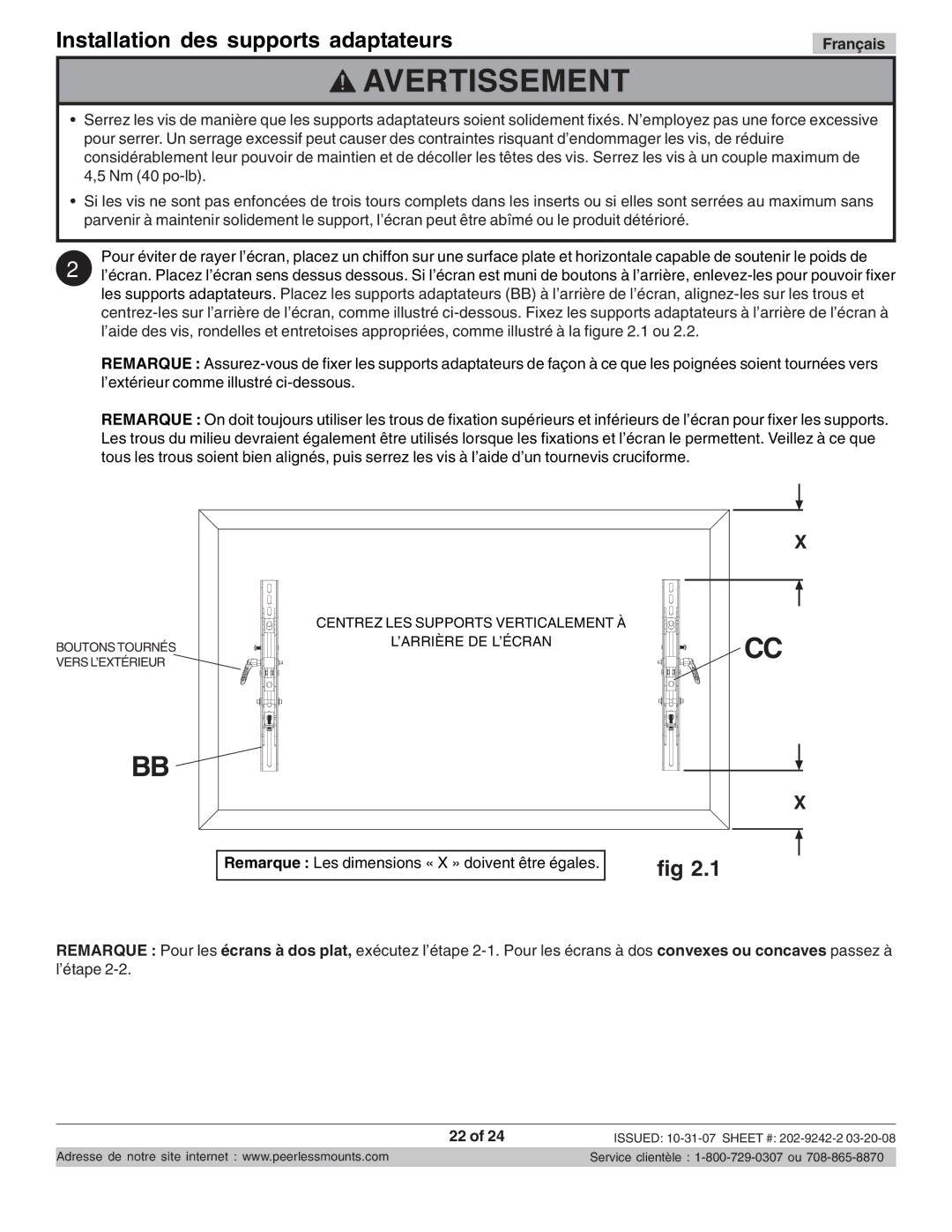 Peerless Industries PT640 manual Installation des supports adaptateurs 