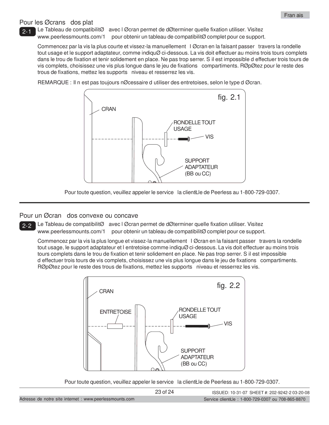 Peerless Industries PT640 manual Pour les écrans à dos plat 