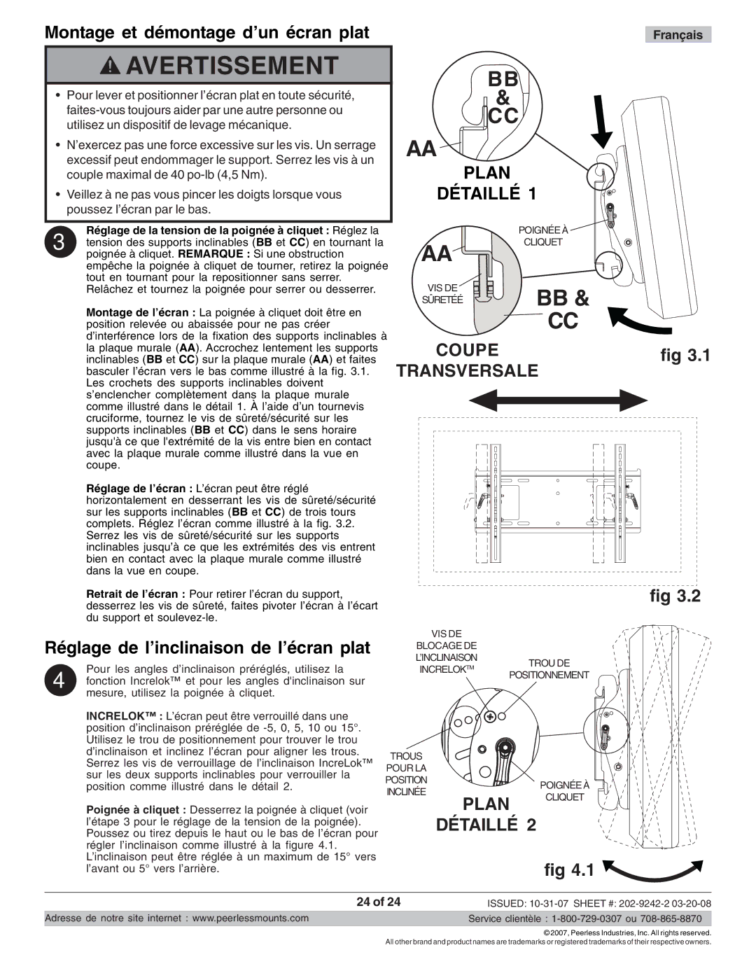 Peerless Industries PT640 manual Plan Détaillé, Réglage de l’inclinaison de l’écran plat 