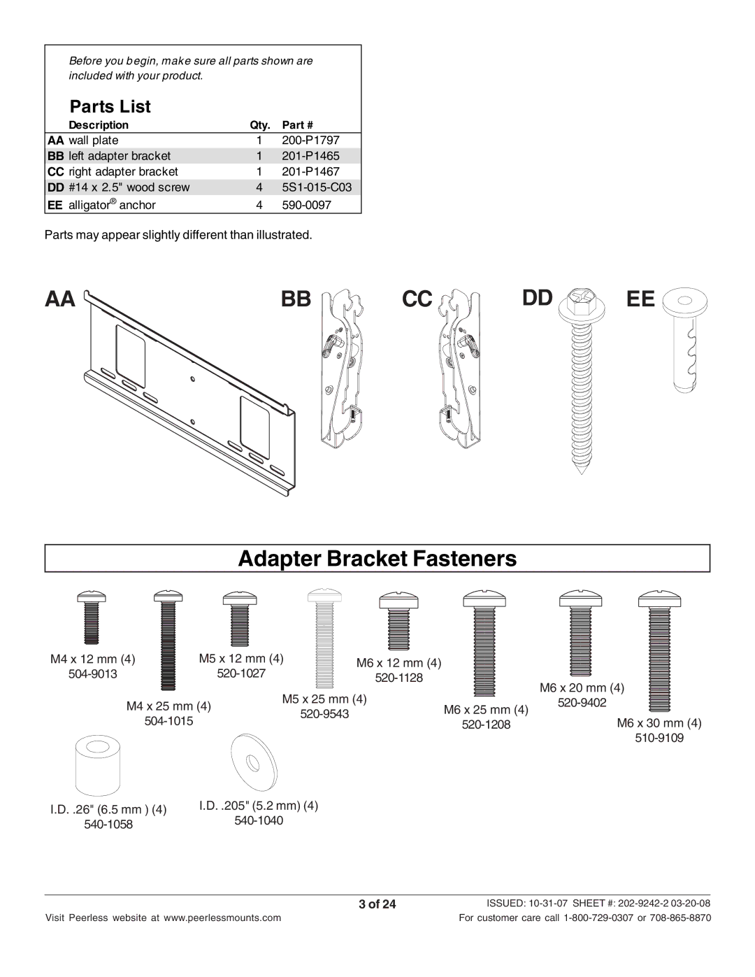 Peerless Industries PT640 manual Adapter Bracket Fasteners 