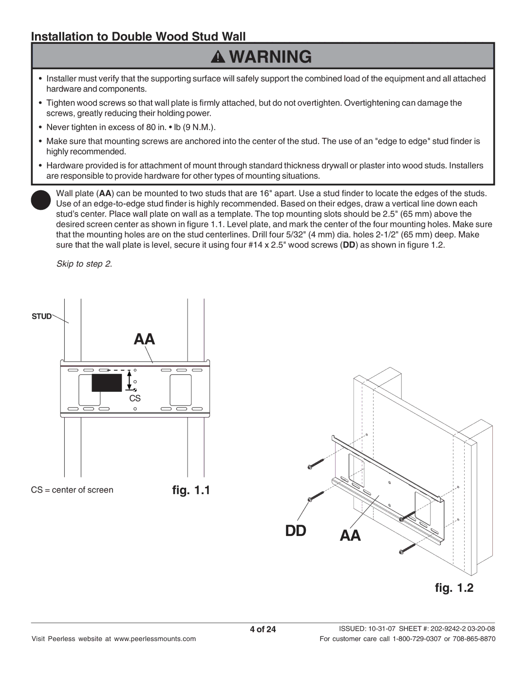 Peerless Industries PT640 manual Dd Aa, Installation to Double Wood Stud Wall 