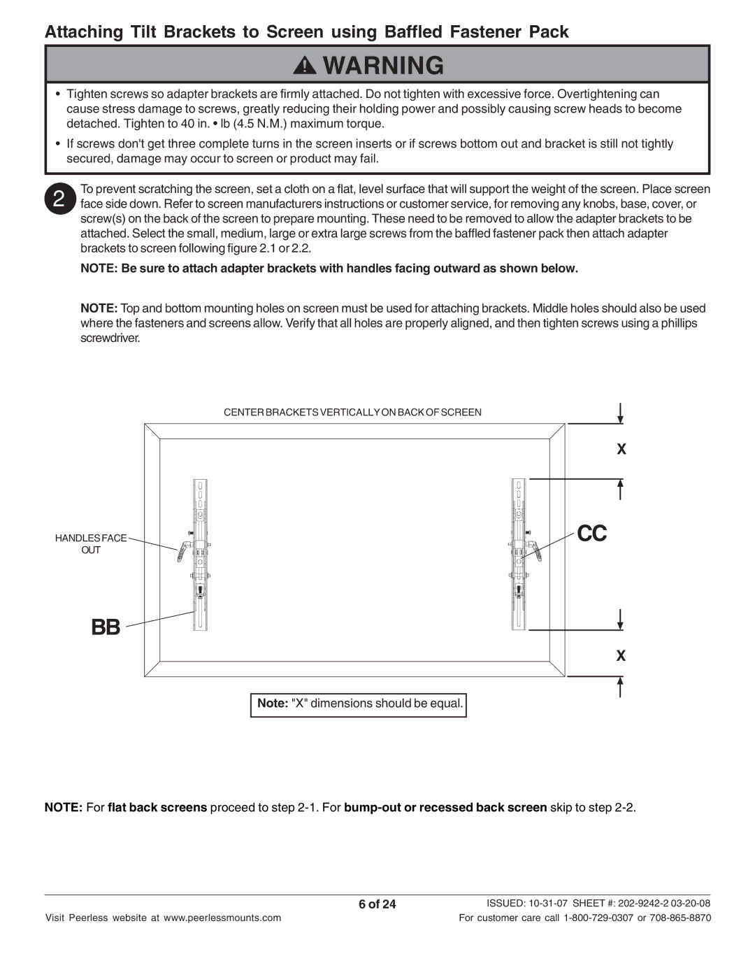 Peerless Industries PT640 manual Center Brackets Vertically on Back of Screen Handlesface OUT 