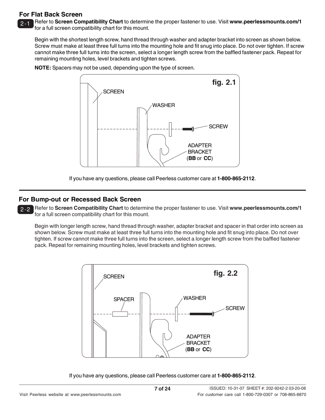 Peerless Industries PT640 manual For Flat Back Screen 