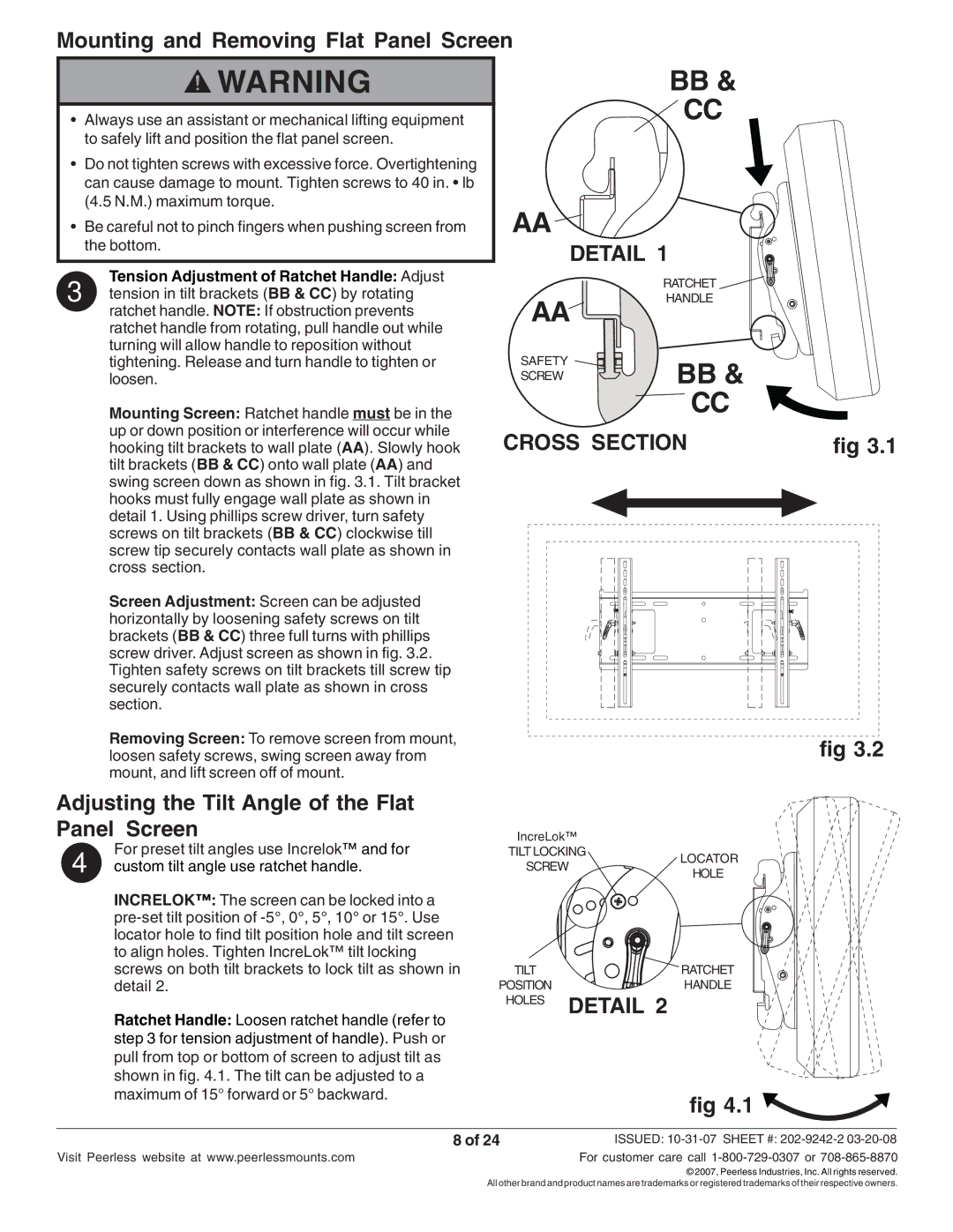 Peerless Industries PT640 manual Mounting and Removing Flat Panel Screen, Adjusting the Tilt Angle of the Flat Panel Screen 